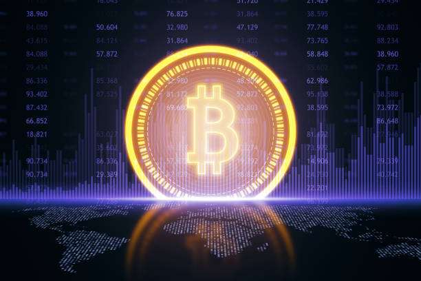 istock golden bitcoin symbol on blue background with world map, 3d rendering 1795016120