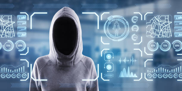istock Hacker in hoodie with glowing face recognition hologram on blurry office interior background. Scanning, hacking and personal safety concept. 1795017730