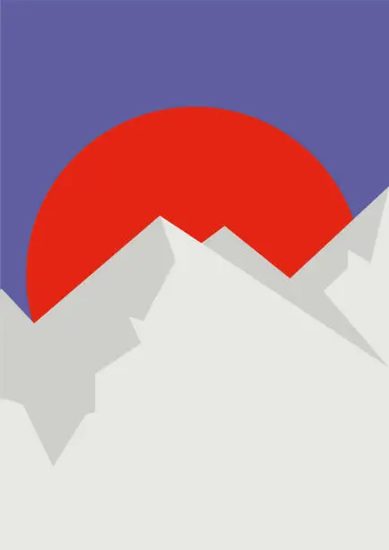 Vector illustration of Mountains landscape with peaks and red sun illustration poster. Winter, autumn minimalist wall decor