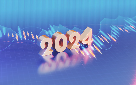 3d render New Year 2024 Sitting on Business and Financial and Technical Data Chart (Close-up)