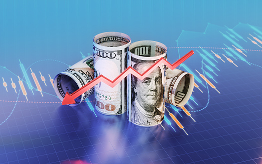 3d render Stack of Rolling 100 Dollar Bills and Red Arrow sign on Finance Graph Background, It can be used for concepts such as economy, finance, trading, country economies, Depth Of Field