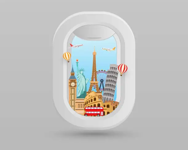 Vector illustration of window plane and famous landmark building around the world. travel tourism airplane. airlines travel in europe. vector illustration design. trip in vacation.