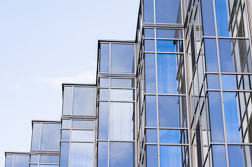 Low angle view of modern office buildings, skyscrapers, Sydney NSW, background with copy space, full frame horizontal composition