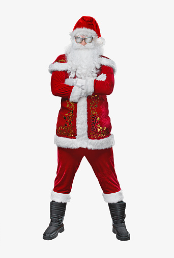 Attractive, smiling Cool Santa Claus in full body isolated on free white Background - Positive Christmas or New Year concept.