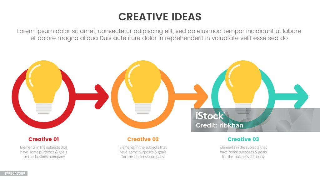 Three Ideas Slide Example Creative Idea Concept Infographic 3 Point Stage Template With Lightbulb ...