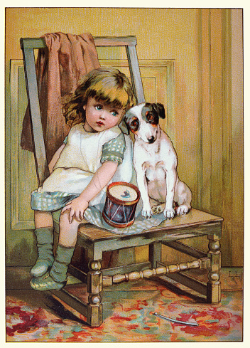 Vintage illustration Bertie and Bull's-eye, Little girl with her pet dog, Victorian children's book illustration, 19th Century