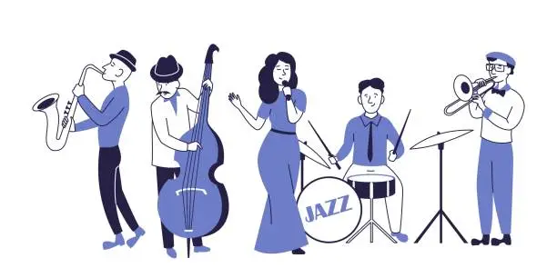 Vector illustration of A jazz band performs on stage. Illustration of a jazz concert.