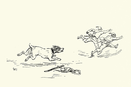 Vintage illustration Loyal dog chasing away two enemy soldiers, Victorian children's book illustration, 19th Century