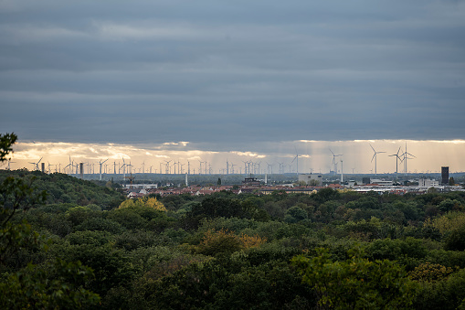 Wind farm in Leipzig, Germany seen behind some trees from Fockeberg.