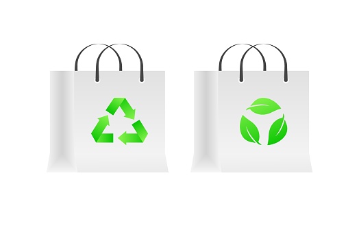 Bio processing icons on packages. Flat, green, leaves in a circle, bio-processed on the bag. Vector icons