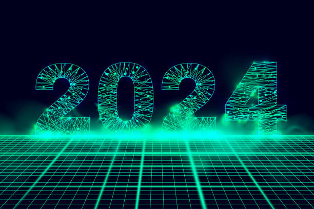 istock Happy new year 2024 greeting card, numbers from a polygonal wireframe mesh with green smoke. Abstract background. Vector illustration. 1795069080
