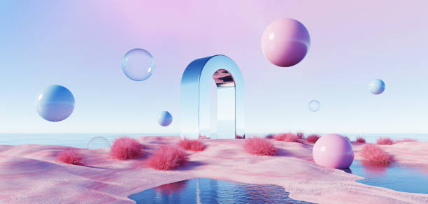 istock 3d Render, Abstract Surreal pastel landscape background with arches and podium for showing product, panoramic view, Colorful dune scene with copy space, blue sky and cloudy, Minimalist decor design 1795074061