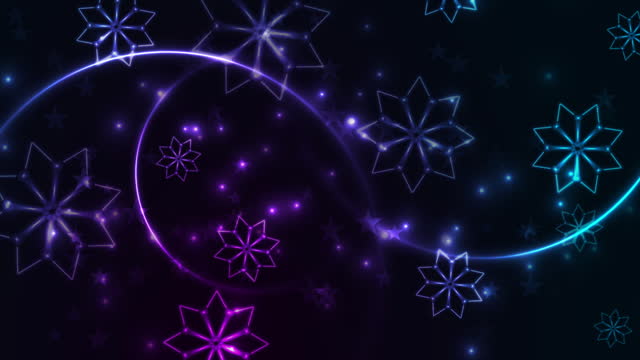 Blue purple neon winter abstract glowing motion background with snowflakes