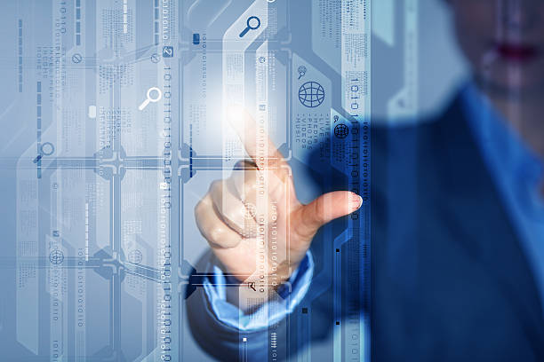 istock Businesswoman touching icon 179509467
