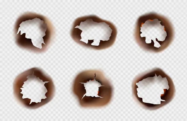 Vector illustration of Burnt holes. Scorched paper or pergament hole. Fire in cracked dirty hole. Realistic vector set on transparent background.