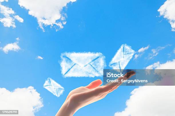 Close Up Of Hand With Envelope Symbols Stock Photo - Download Image Now - Envelope, Flying, Air Mail