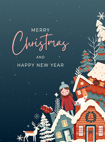 Christmas and New Year design. Christmas frame, poster, banner. Winter ornament card with scandi houses, trees, girl.