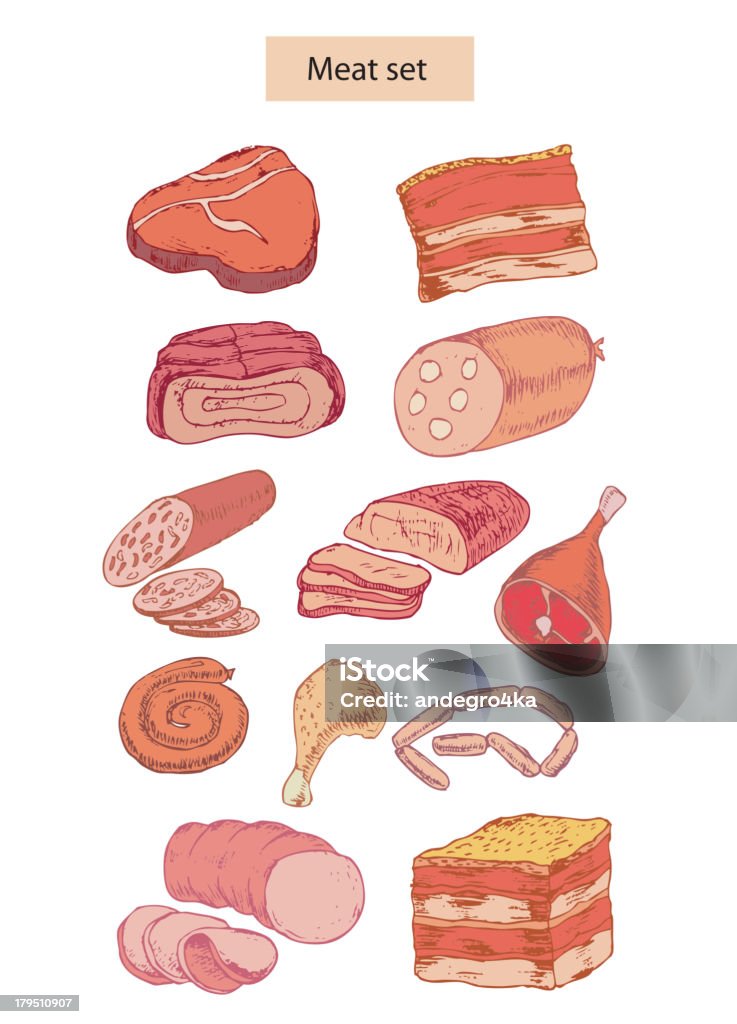肉の詳細なイラストセット - ソーセージのロイヤリティフリーベクトルアート