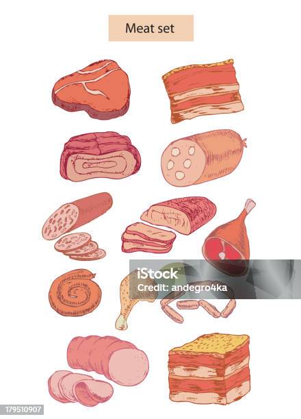 肉の詳細なイラストセット - ソーセージのベクターアート素材や画像を多数ご用意 - ソーセージ, ハム, イラストレーション
