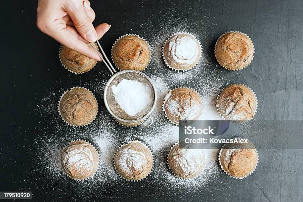 Woman Sprinkling Icing Sugar On Pancakes Stock Photo - Download Image Now - Muffin, Bakery, Basket