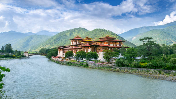 Panorama view of Punakha Dzong Monastery stock photo