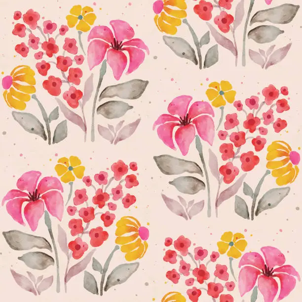 Vector illustration of Floral Watercolor Vector Seamless Pattern, with Bright Colors on a light Background, for Textile, Wallpaper, Fabric, Valentine, Greeting Cards and Wrapping Paper