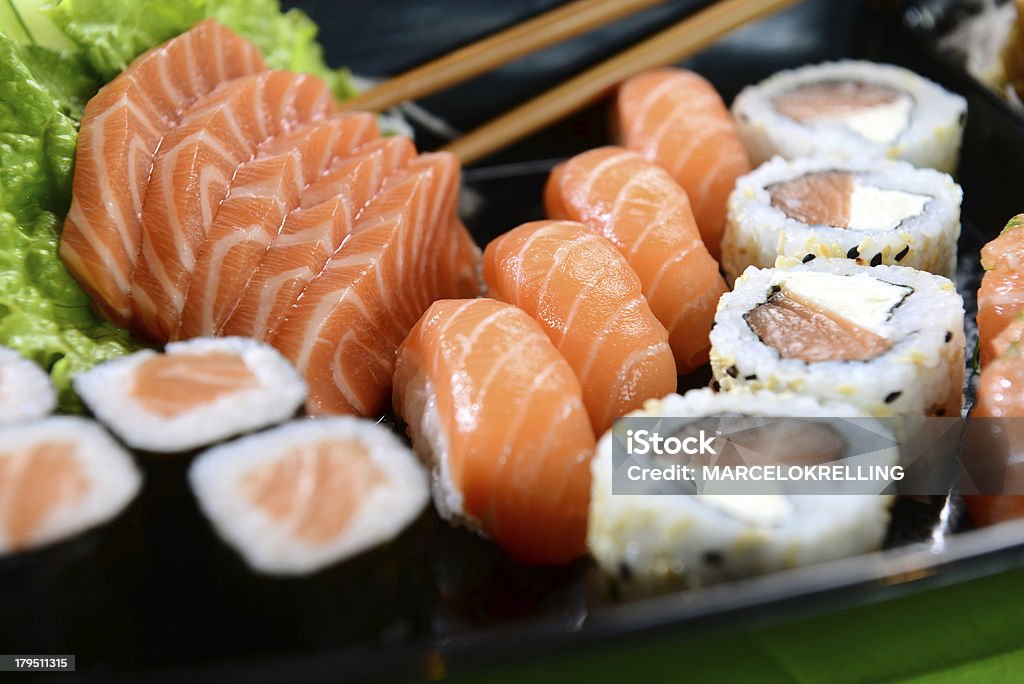 Japanese food - Sashimi and sushi Different kinds of Japanese food Close-up Stock Photo