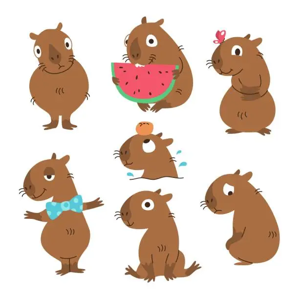 Vector illustration of Cute capybara set. Funny capybara characters. Charming cute animal. Baby flat vector illustration on white background