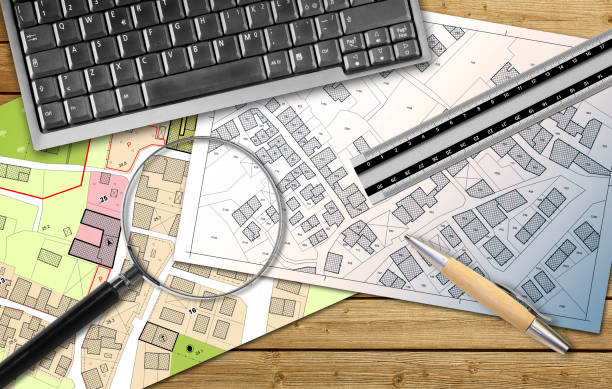 istock Imaginary Cadastral and General Urban Planning documentation - Zoning regulations with zoning districts, urban destinations, land use, buildable areas and land plot concept 1795122468