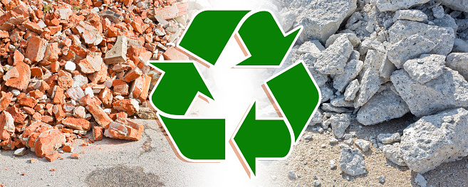 Recovery and recycling of concrete and brick rubble debris on construction site after a demolition of building