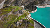 Aerial panorama of Kaprun high mountain reservoirs Mooserboden Stausee in the Hohe Tauern, Salzburger land, Austria.