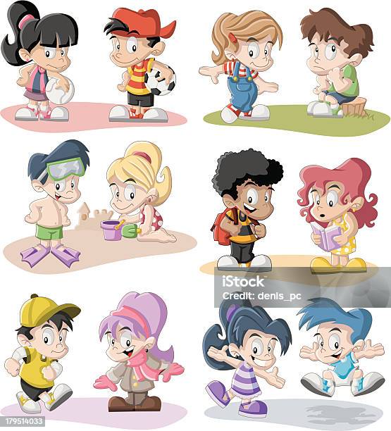 A Colorful Image Of A Variety Of Children Playing Stock Illustration - Download Image Now - Characters, Adult, Backpack