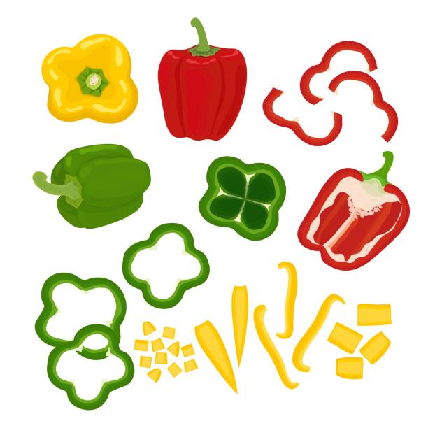 ilustraciones, imágenes clip art, dibujos animados e iconos de stock de juego de pimientos morrones frescos, enteros y en rodajas - chopped green bell pepper pepper bell pepper