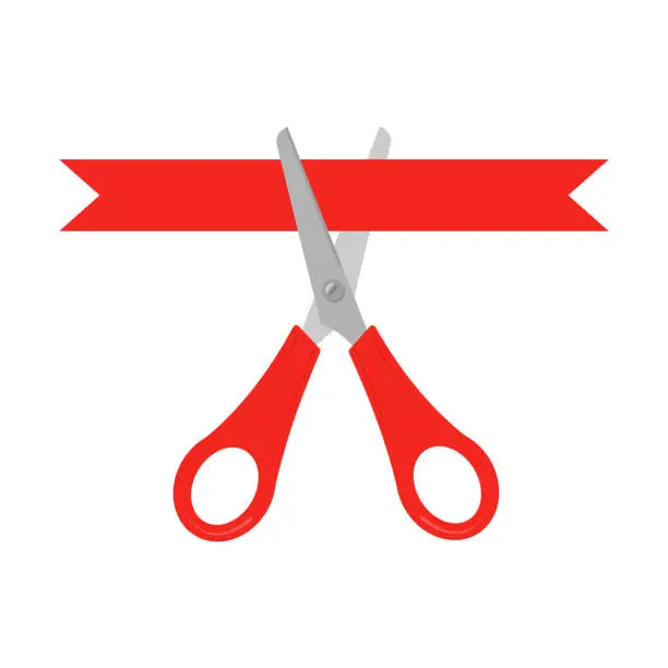 Vector illustration of Scissors and red ribbon vector flat illustration