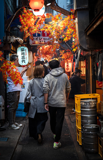 Tokyo, Japan - October 20, 2023:  View into a small restaurant at night in the city's Shinjuku neighborhood.