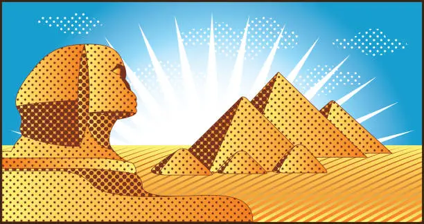 Vector illustration of Egyptian pyramids at Giza and the Sphinx