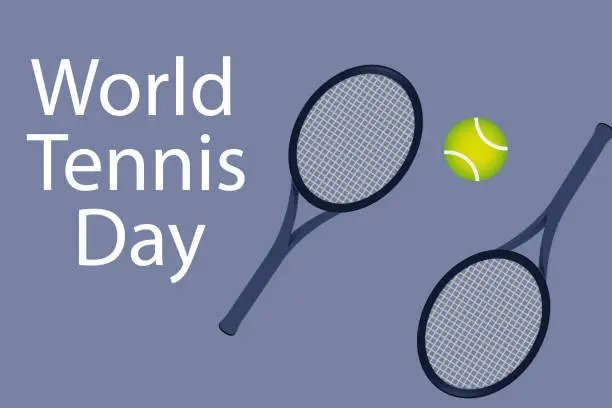 Vector illustration of World Tennis Day. Tennis rackets with a tennis ball on dark blue background. Vector template for banner, poster, flyer, postcard, etc