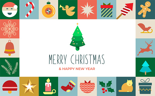 Merry Christmas greeting card flat design with icons