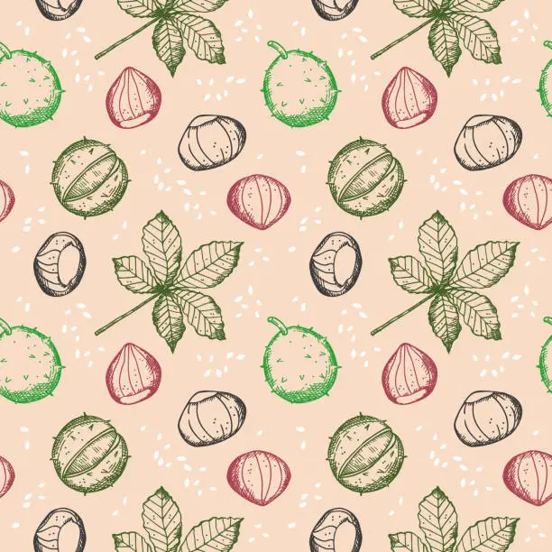 Vector illustration of Chestnuts seamless pattern with plant, fruit, sweet chestnut repeating background. Backdrop with nuts decorative ornament for print, paper, wrapping, card, template, packaging. Vector illustration