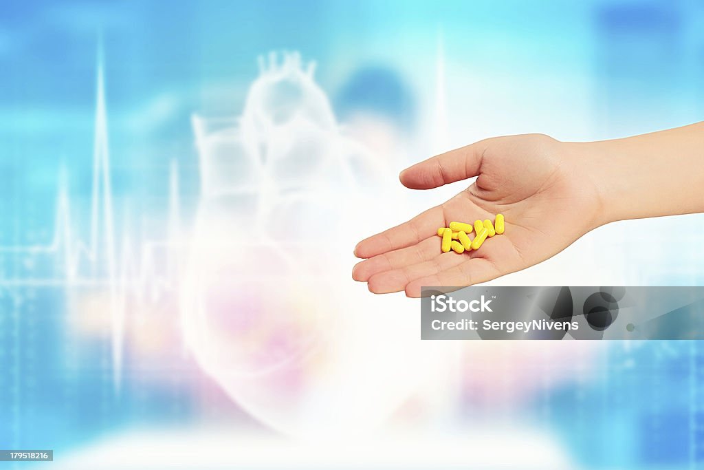 Human palm with pills Close-up image of human palm with pills. Medicine concept Addiction Stock Photo