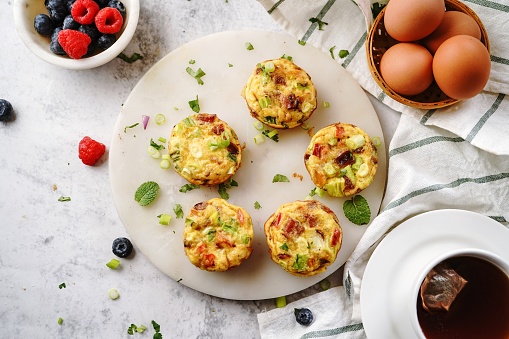 Breakfast egg muffin bites |  healthy baking, selective focus