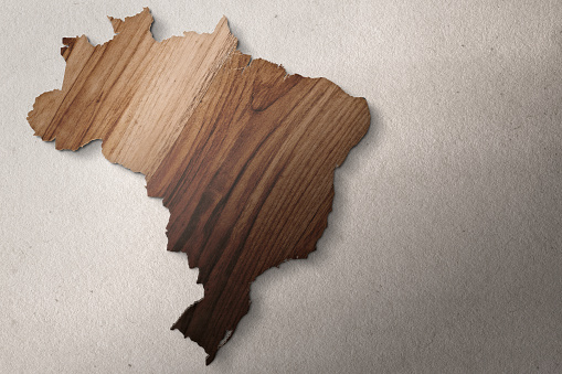 Brazil map with wood texture on white canvas with recycled paper texture, with copy space for design. Wooden mold of a map of Brazil. Brasil