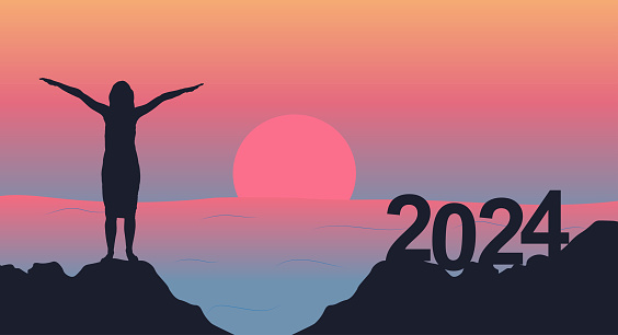 Woman stands on rocks and enjoy the sunset, silhouette. New 2024 year. Tourism, concept of freedom. Vector illustration