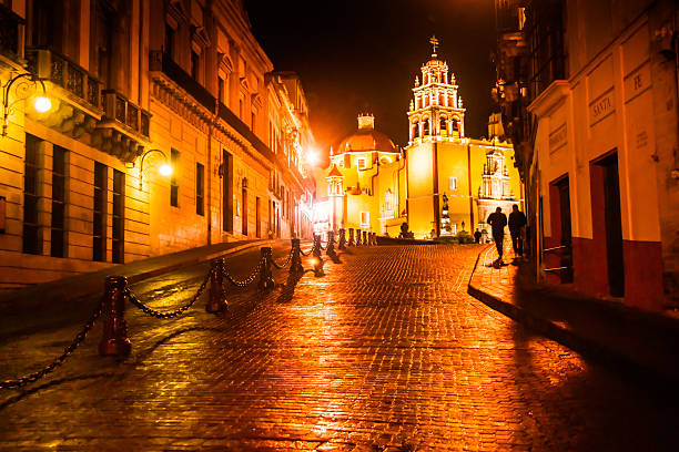 View if the glowing cathedral in downtown Guanajuato Mexico.