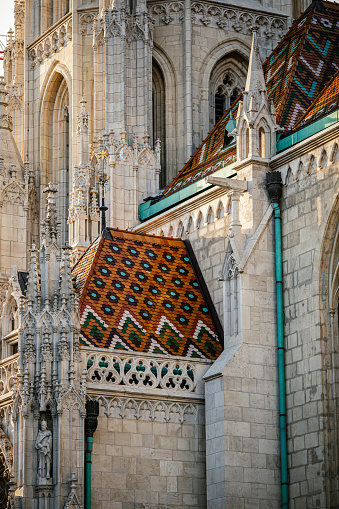 Detail of beautiful facade of St Matthias church in Budapest, Hungary. On of well known landmarks in this amazing city located in east Europe. Church is build in gothic style
