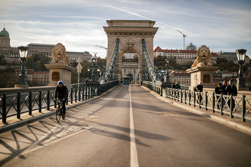 Chain bridge in Budapest, Hungary is one of the well known landmarks in this beautiful east European city. It's connecting two part of city Buda and Pest. Budapest Castle in background