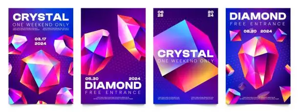 Vector illustration of Abstract crystal posters. Triangular gemstone badges with shiny reflections, trendy jewel badges with reflections and glossy shine. Vector polygonal set