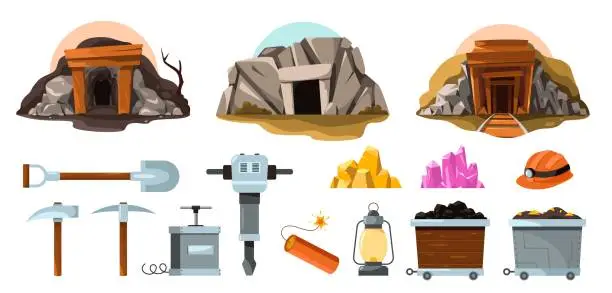 Vector illustration of Mine tools. Cartoon miner worker tools, mining cart with drill hammer pickaxe, underground cart with mining equipment flat style. Vector isolated set. Wheelbarrow with coal and gemstones