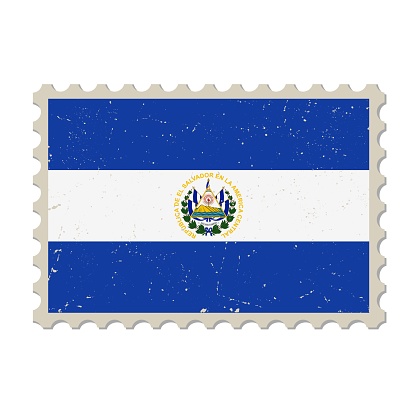 El Salvador grunge postage stamp. Vintage postcard vector illustration with El Salvadoran national flag isolated on white background. Retro style.