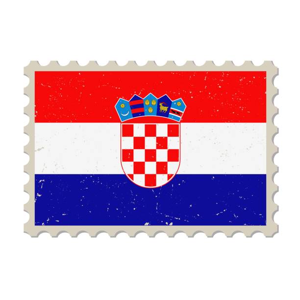 Croatia grunge postage stamp. Vintage postcard vector illustration with Croatian national flag isolated on white background. Retro style.